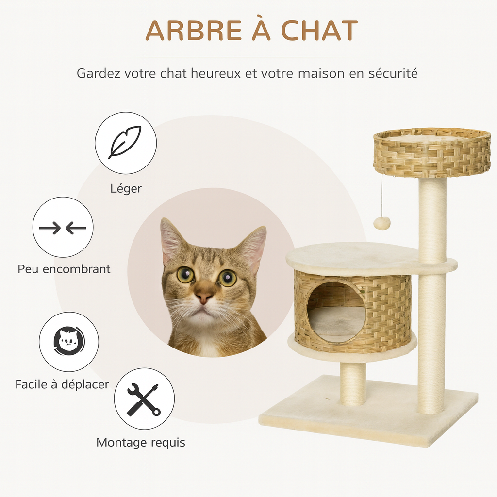 Arbre à Chat Beige et Bois avec une Niche