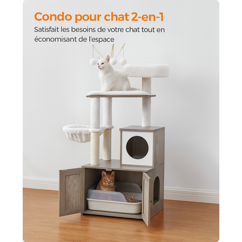 Meuble Arbre à Chat Gris avec Litière
