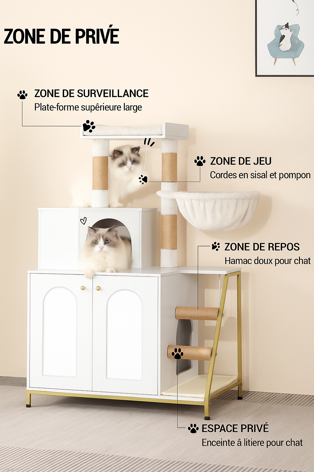 Arbre à Chat Blanc avec Litière