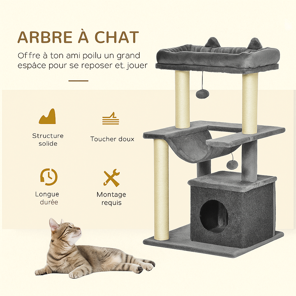 Arbre à Chat Gris avec Perchoir