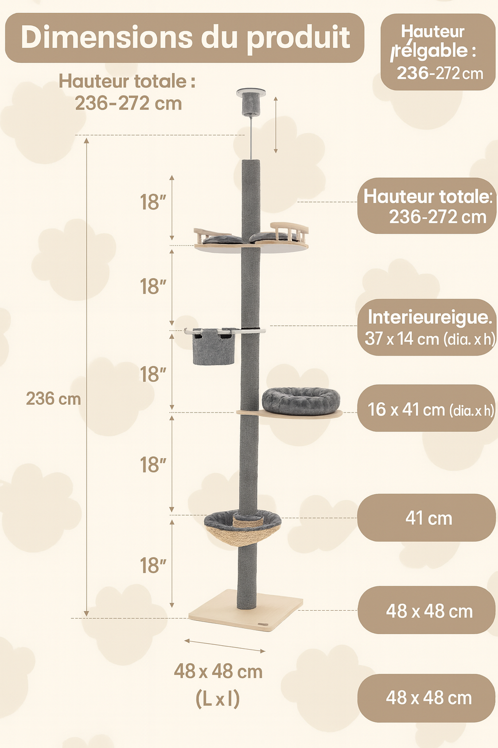 Arbre à Chat Gris foncé du Sol au Plafond