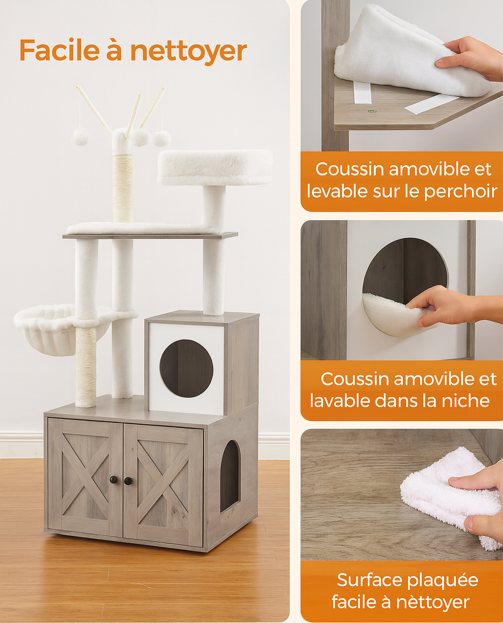 Meuble Arbre à Chat Gris avec Litière