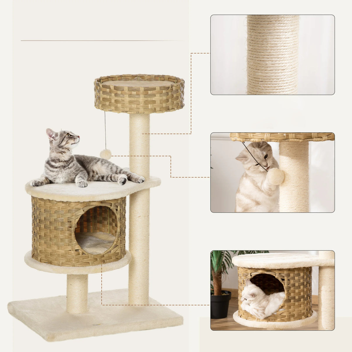 Arbre à Chat Beige et Bois avec une Niche