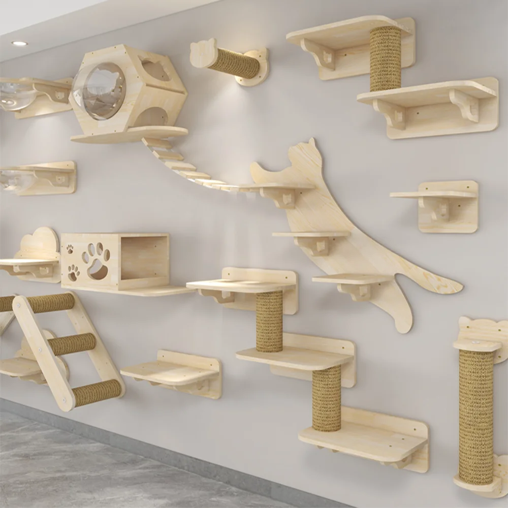 Arbre à Chat Mural en Bois Massif