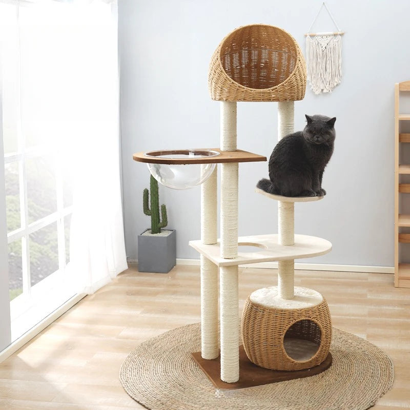 Arbre à Chat Blanc avec Niche en Bois