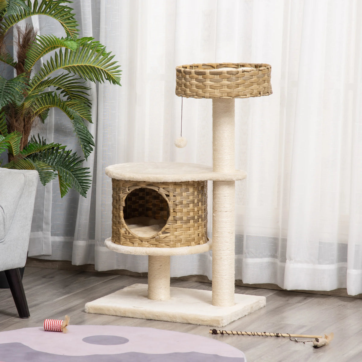 Arbre à Chat Beige et Bois avec une Niche