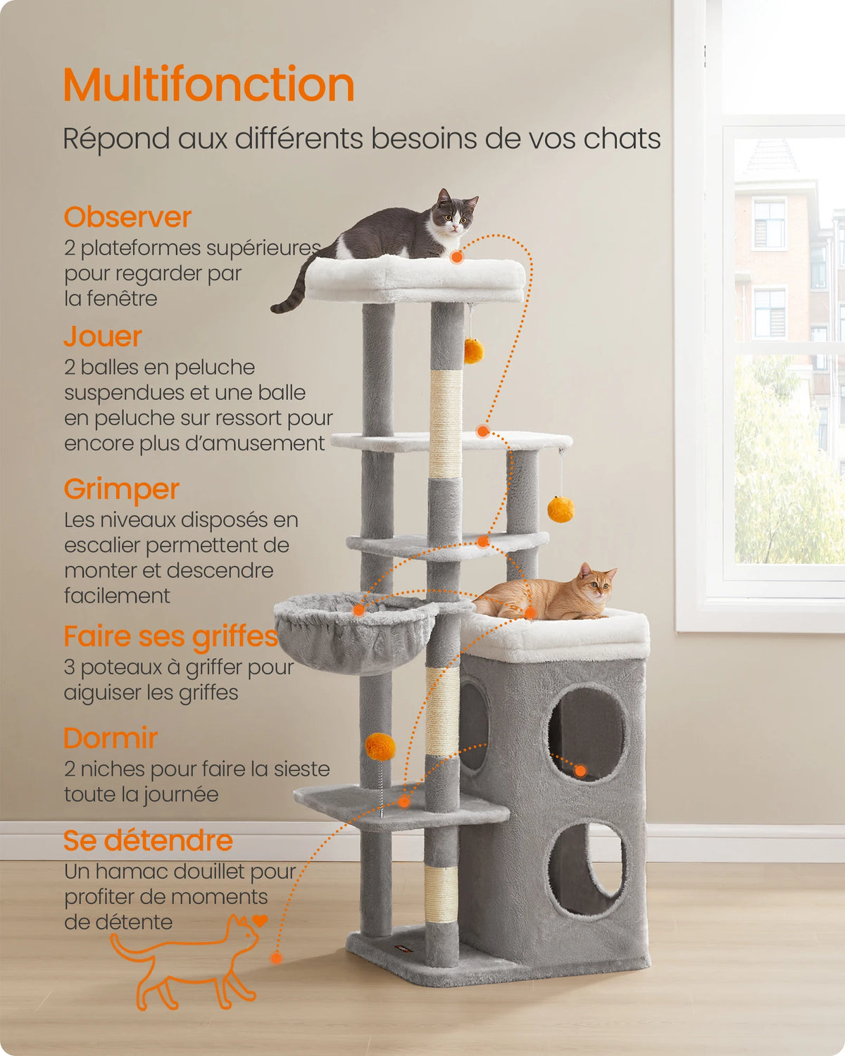 Arbre à Chat Gris avec Grand Niche