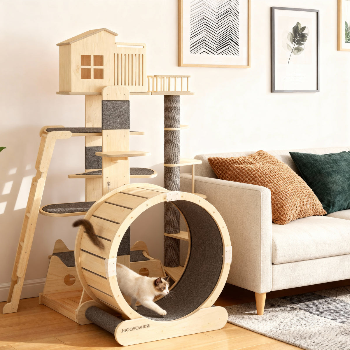 Arbre à Chat XXL en Bois avec Roue